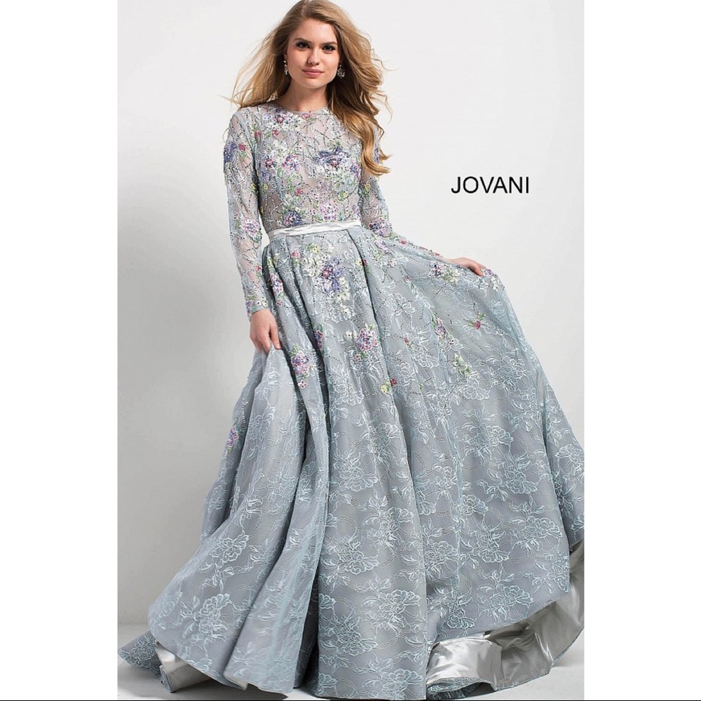 Jovani Long Sleeve Multi Floral Illusion Lace Gown
